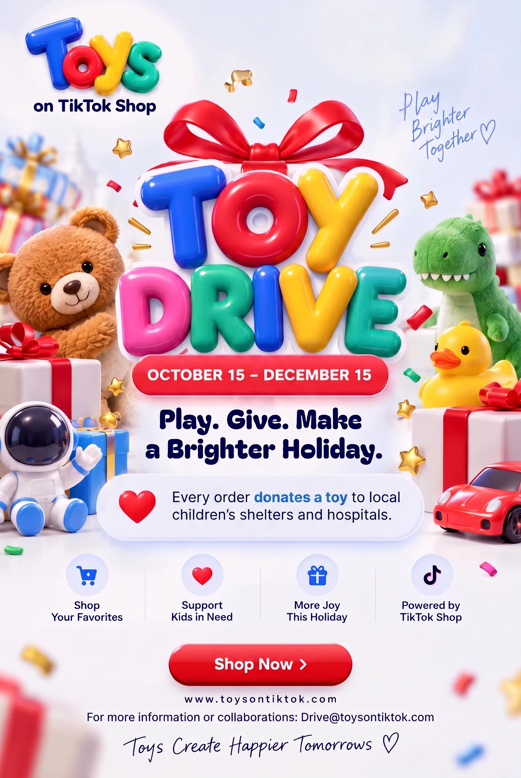 Toys on TikTok Toy Drive flyer, October 15 to December 15, Play Brighter Together